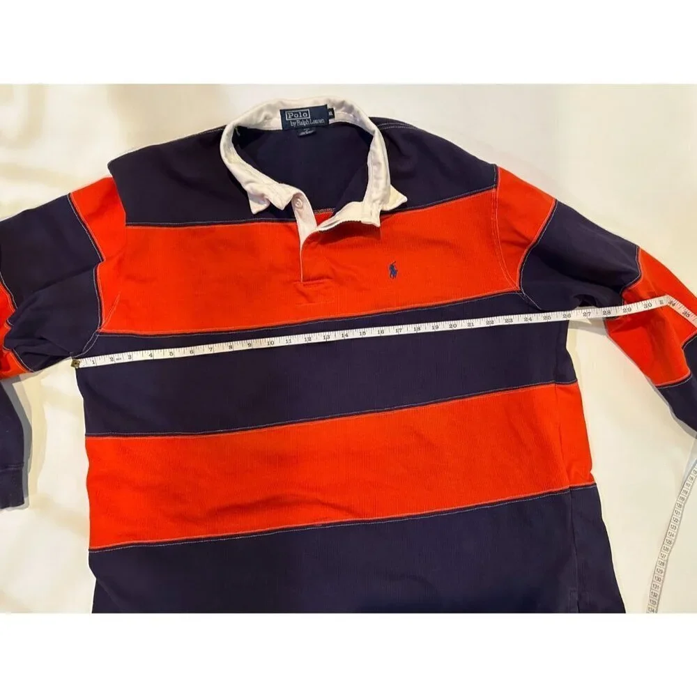 Vintage 1994 Polo Ralph Lauren Rugby Shirt Mens XL Orange Navy Stripe